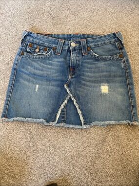 True Religion Medium Blue Distressed Denim Mini Skirt with Front Slit